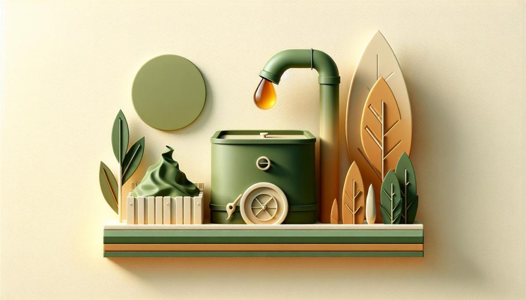 Composteur minimaliste versant un engrais liquide sur un potager stylisé, tons doux et épurés