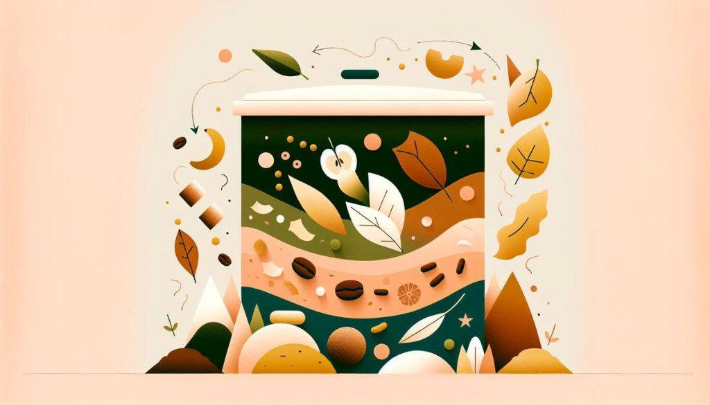 Illustration minimaliste et colorée d’un composteur stylisé avec des déchets organiques et des vers de terre.