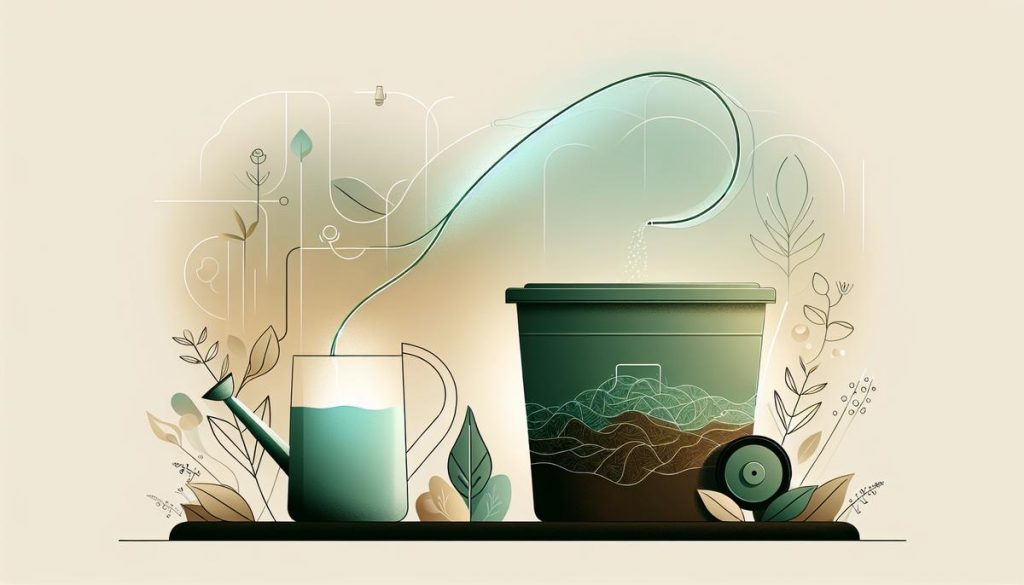 Illustration minimaliste de compost transformé en engrais liquide naturel pour jardinerie écologique