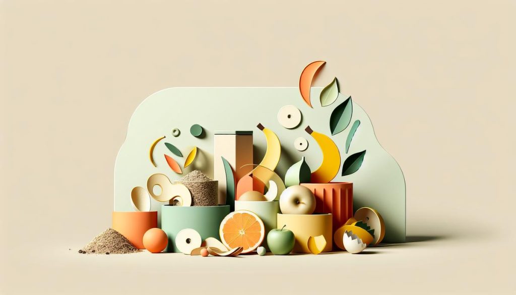 Déchets de cuisine colorés et stylisés pour compost d’intérieur, sur fond épuré.