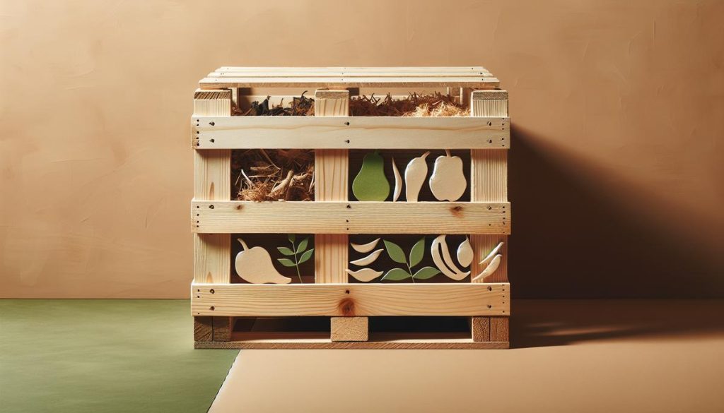 Petit composteur design minimaliste en bois recyclé, biodéchets stylisés, ambiance écologique
