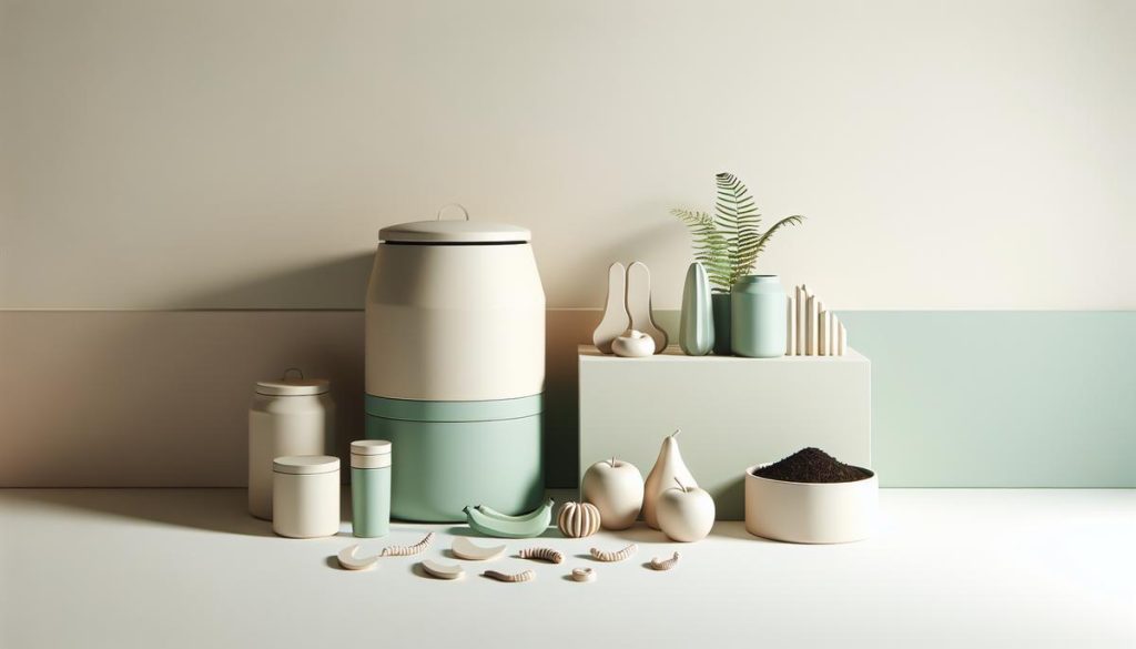 Composteur d’intérieur minimaliste avec déchets de cuisine, vers stylisés et plantes, ambiance épurée en couleurs pastel