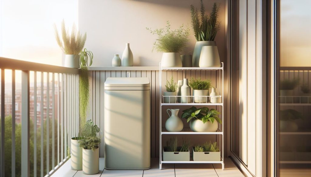 Composteur compact et jardinières colorées sur un balcon moderne, espace optimisé