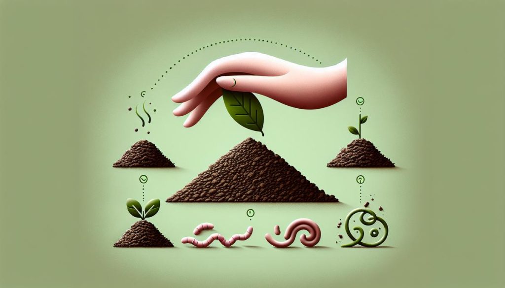 Compost mûr aux cinq signes de qualité en style minimaliste, tons verts et bruns doux