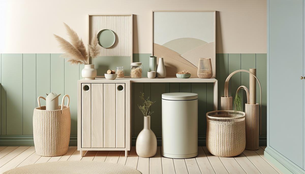 Petit composteur minimaliste intégré dans un meuble épuré en bois clair, décor pastel, ambiance douce et moderne.