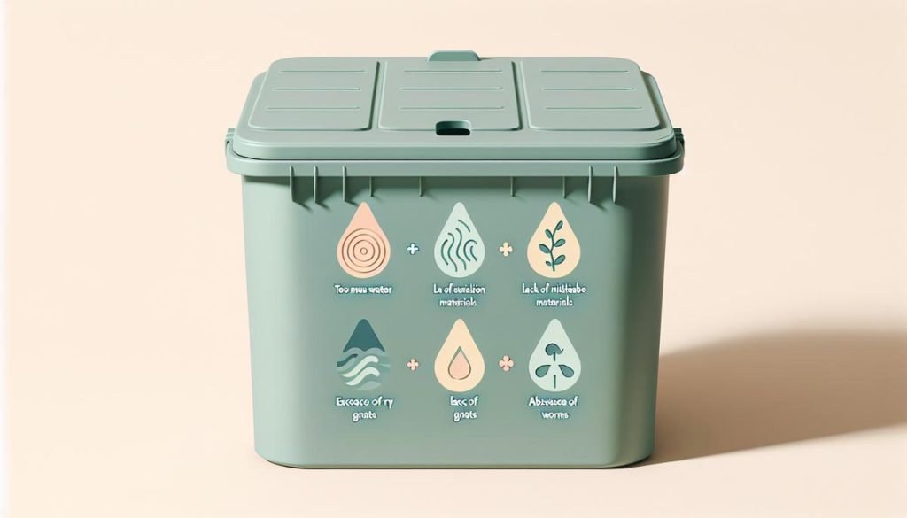 Composteur en plastique stylisé avec icônes colorées illustrant sept erreurs de compostage à éviter