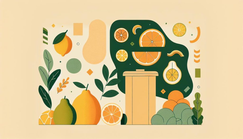 Épluchures d’agrumes stylisées mêlées à un compost graphique et minimaliste, couleurs pastel et ambiance équilibrée.