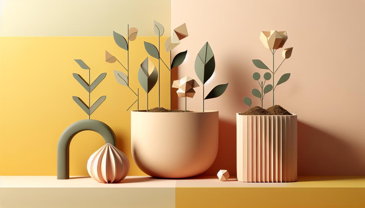 Jardinière minimaliste de printemps avec plantes, fleurs pastel et composteur stylisé en couleurs douces
