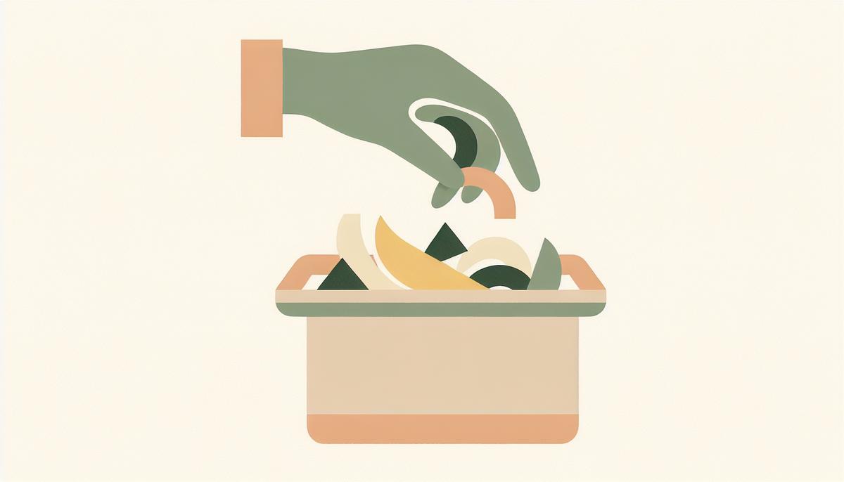 Main stylisée découpant des épluchures au-dessus d’un composteur, style minimaliste couleurs pastel