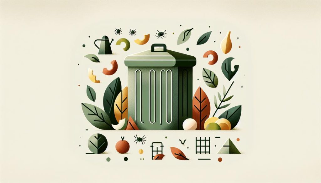 Composteur minimaliste avec astuces naturelles contre les moucherons, en couleurs douces.