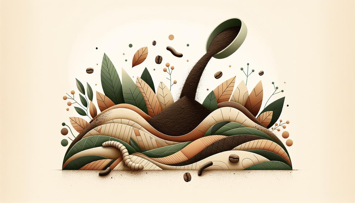 Tas de compost stylisé avec marc de café et éléments organiques, dans des tons naturels et épurés