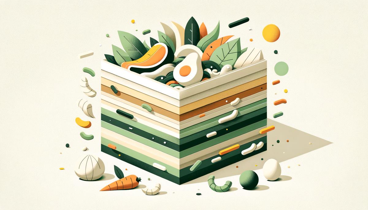 Composteur minimaliste en couleurs douces illustrant le compostage accéléré