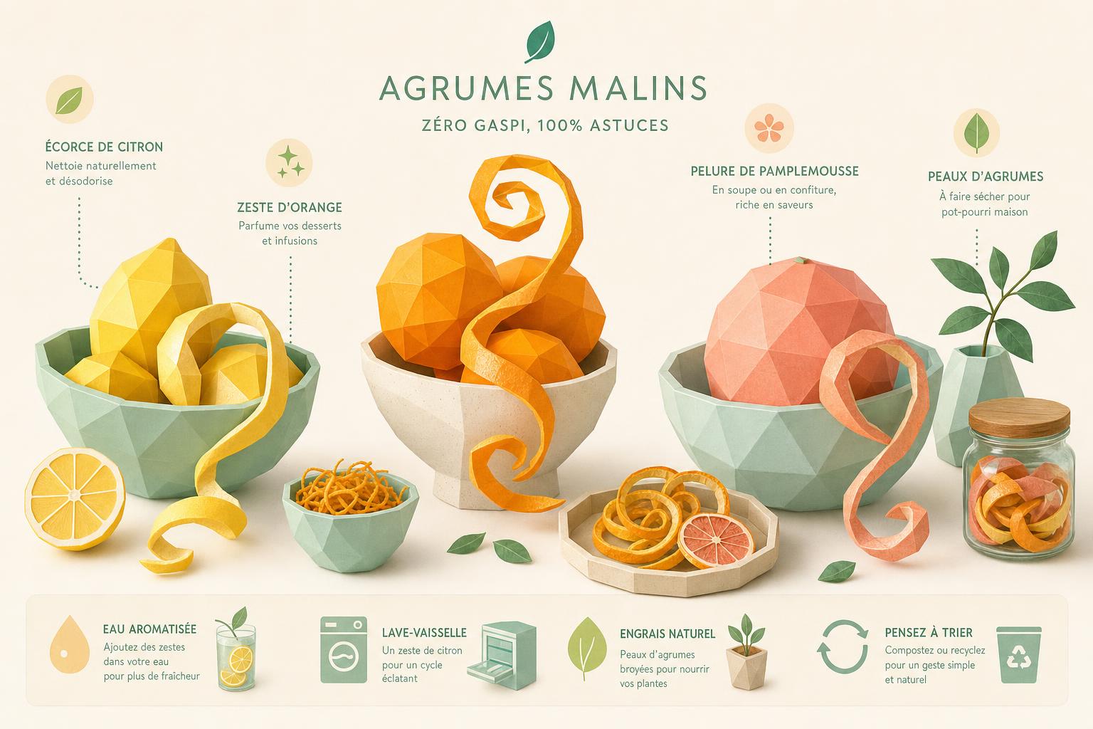 Épluchures d’agrumes stylisées en spirales colorées sur fond clair, ambiance minimaliste et fraîche