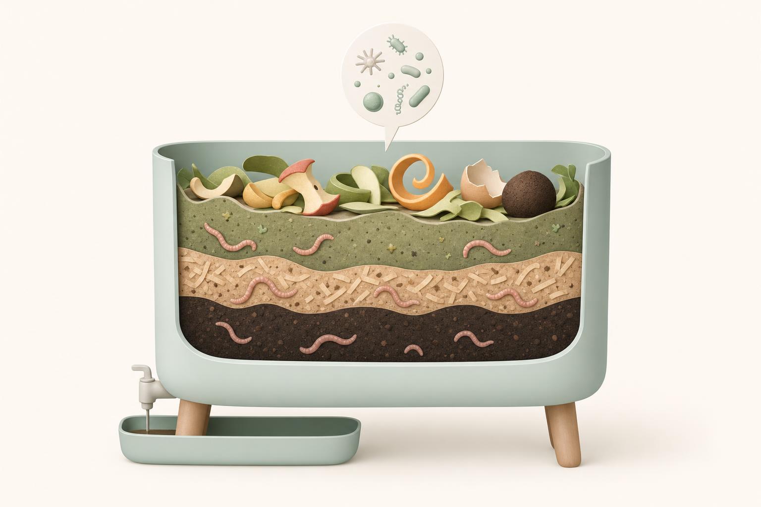 Composteur épuré en appartement avec couches colorées, vers stylisés et éléments de compost