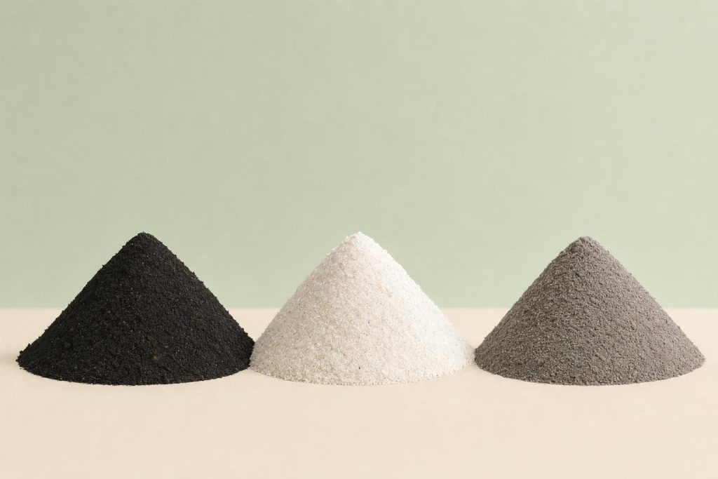 Trois tas stylisés de compost noir, blanc et gris, minimalistes et colorés, illustrant différentes qualités de compost