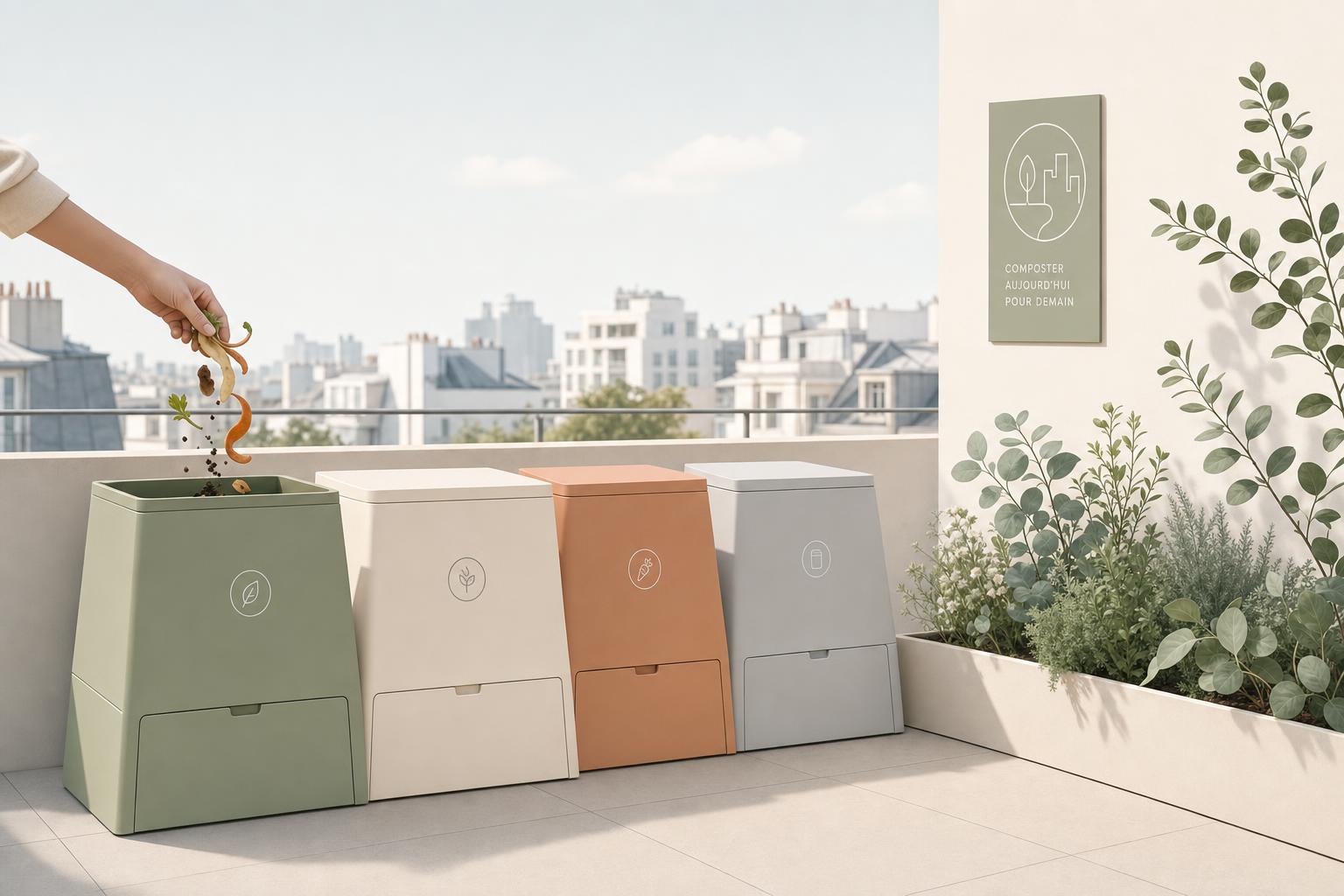 Composteurs urbains stylisés et jardinière sur fond minimaliste en tons pastel