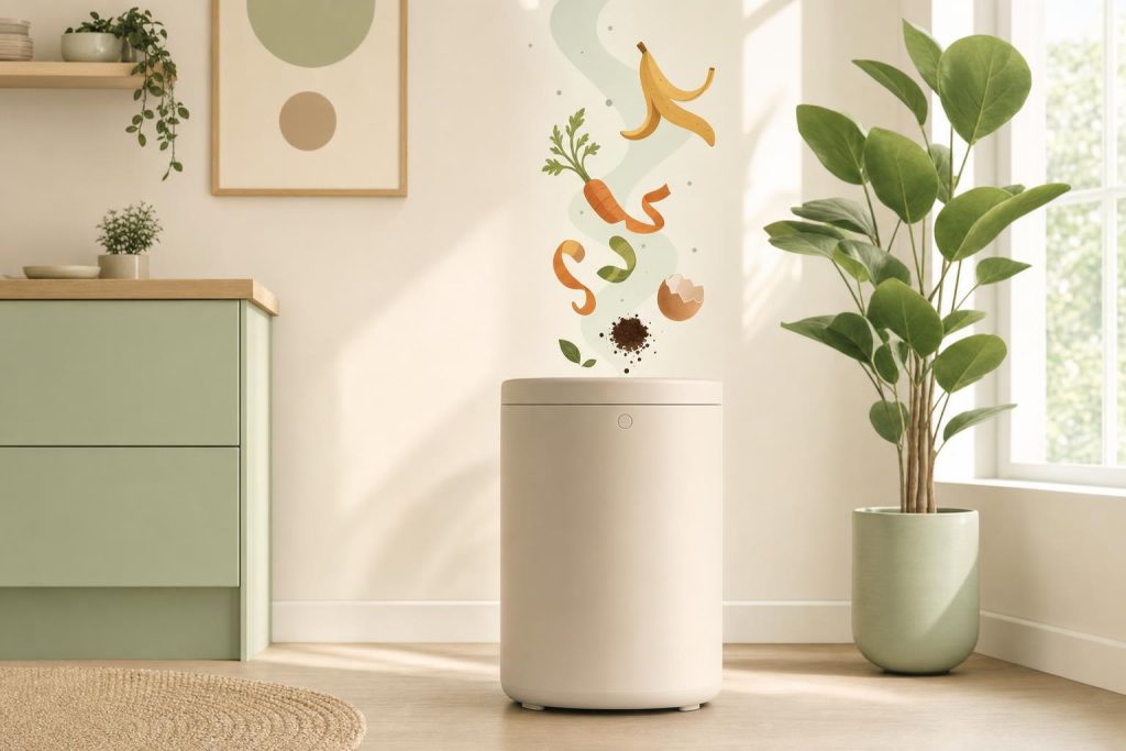 Composteur d’intérieur stylisé avec déchets organiques et plante verte dans un appartement minimaliste en couleurs pastel
