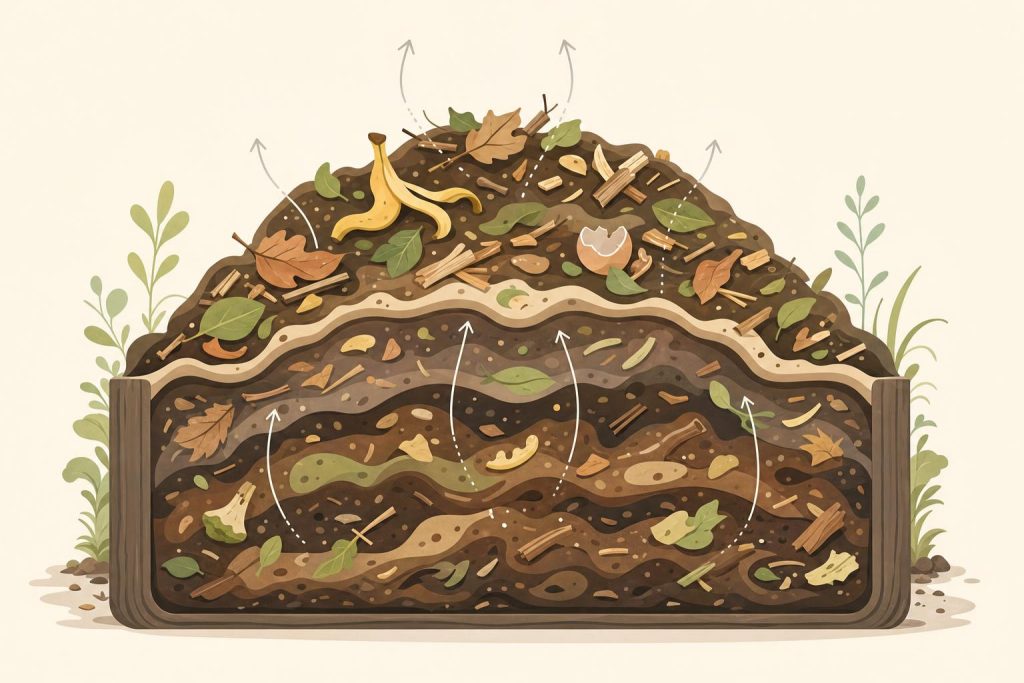 Compost stylisé en coupe, texture collante, éléments naturels épurés, ambiance minimaliste et douce