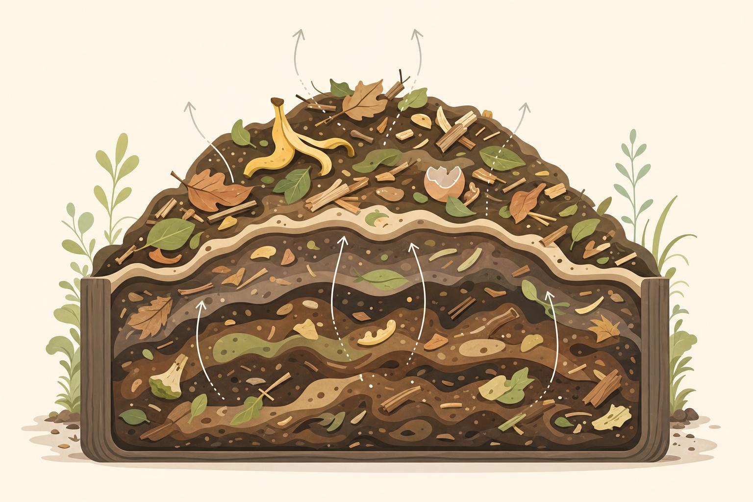 Compost stylisé en coupe, texture collante, éléments naturels épurés, ambiance minimaliste et douce
