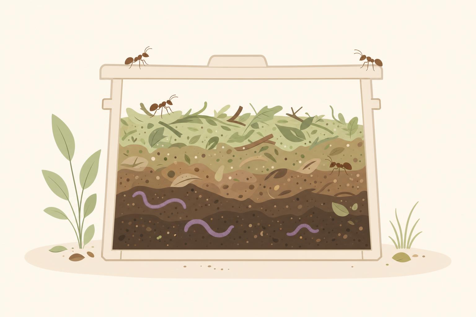Fourmis stylisées et compost graphique en coupe, ambiance minimaliste en couleurs douces
