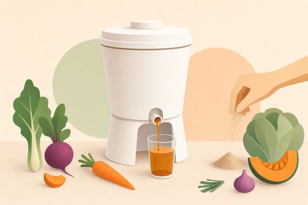 Composteur bokashi stylisé avec récipient de liquide et légumes colorés en style minimaliste