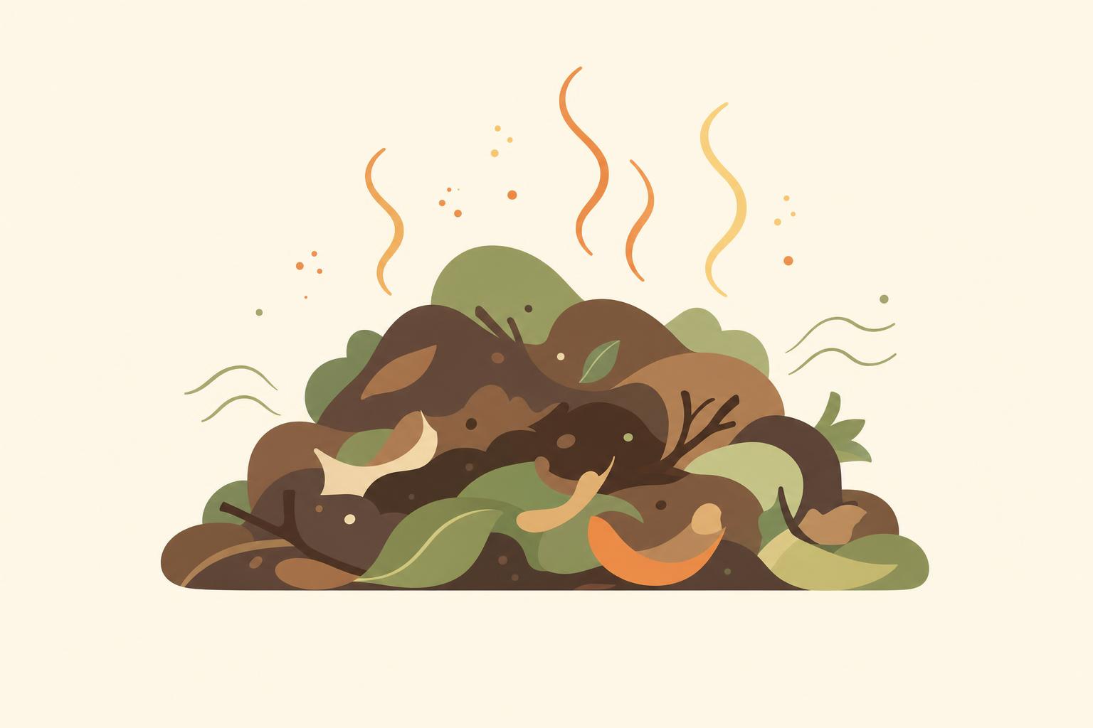 Tas de compost stylisé aux couleurs chaudes et lignes suggérant la chaleur et la décomposition