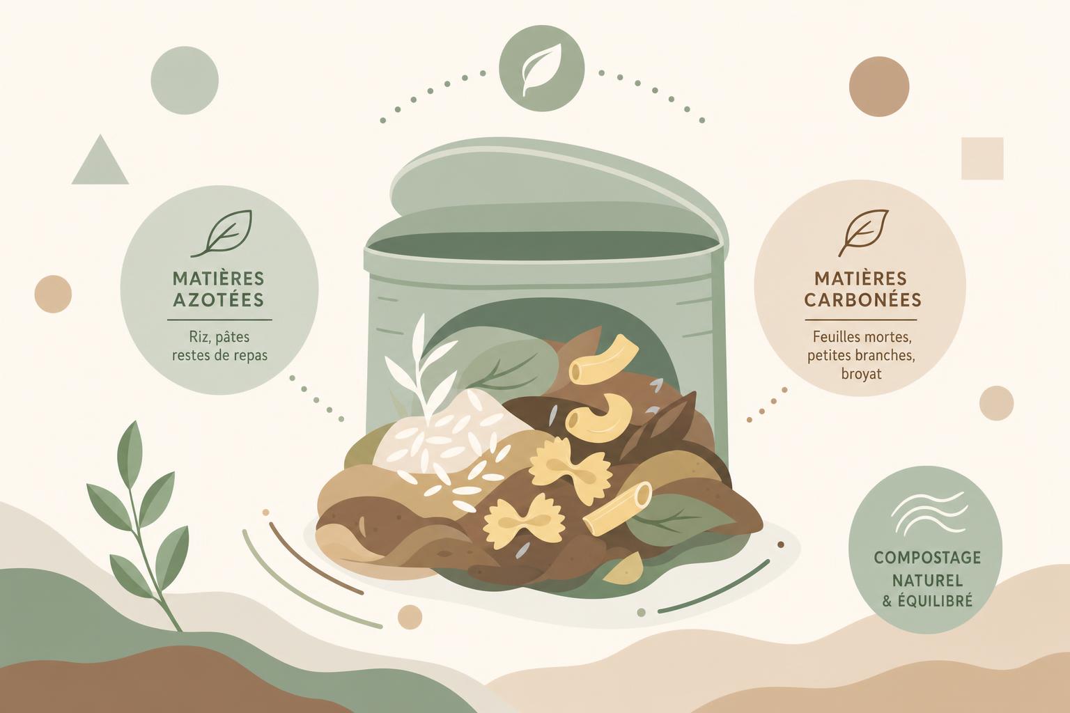 Illustration minimaliste de riz et pâtes déposés sur du compost, dans une ambiance épurée et colorée