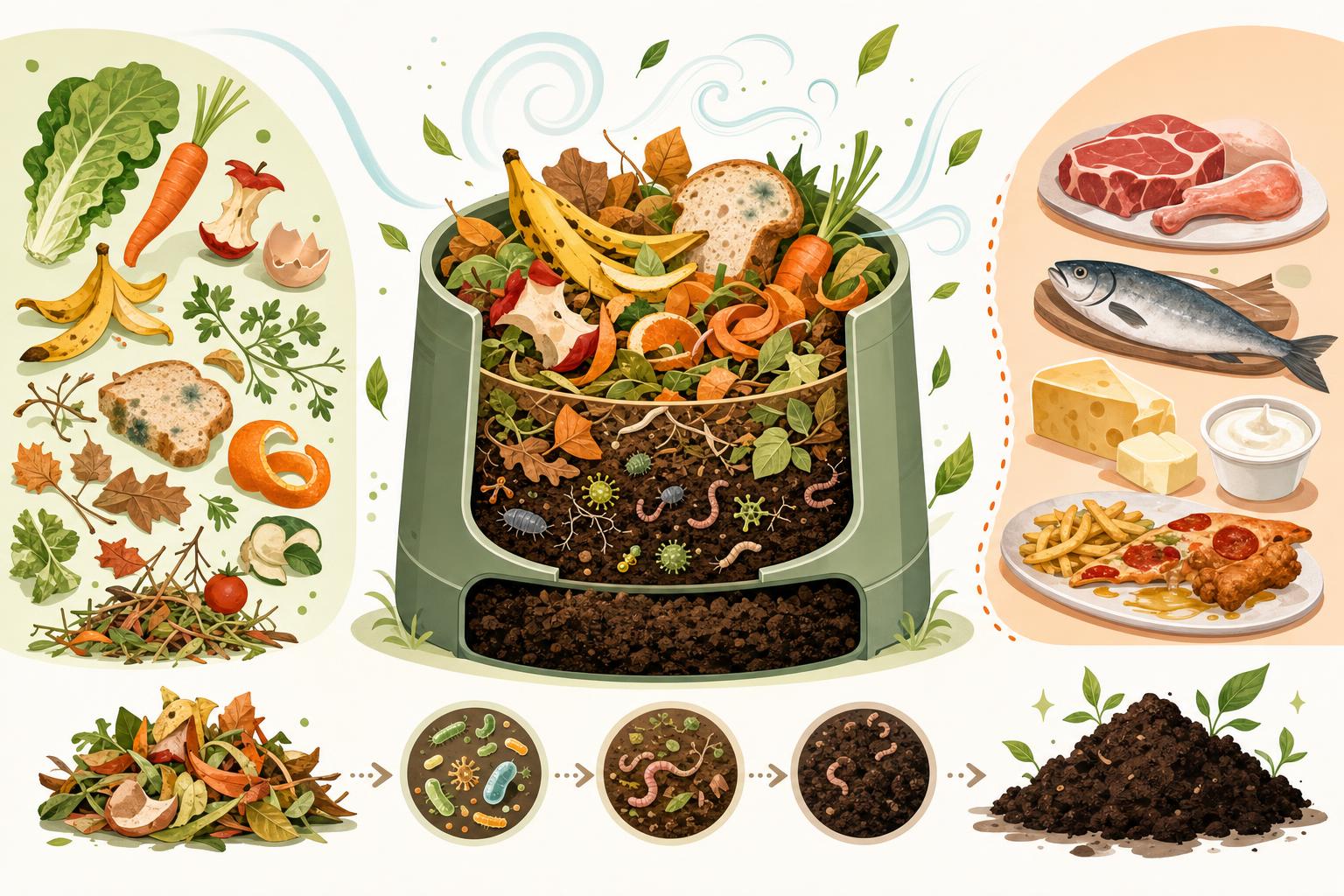 Aliments moisis et épluchures triés autour d’un composteur coloré