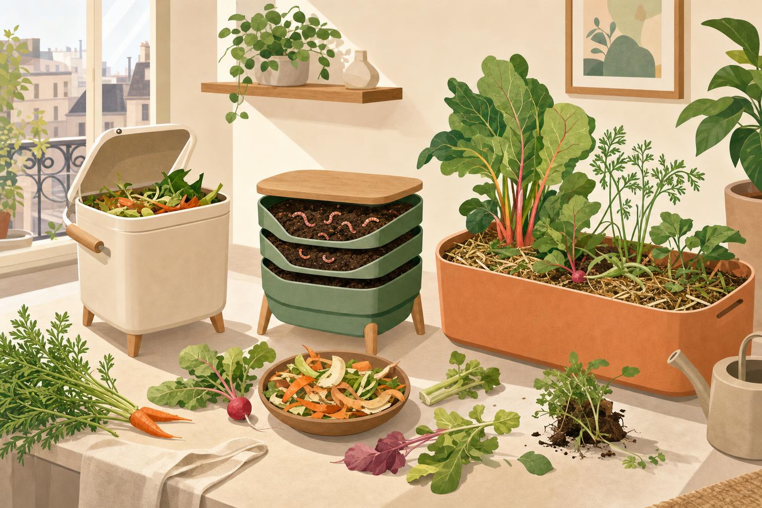 Recyclage de fanes de légumes en appartement avec composteur, lombricomposteur et jardinière paillée.